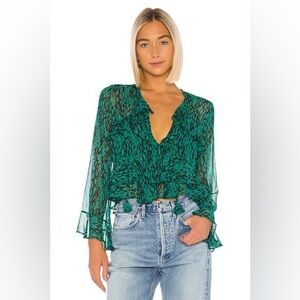 MISA LOS ANGELES V neck Damaris ruffle blouse in emerald snake size medium